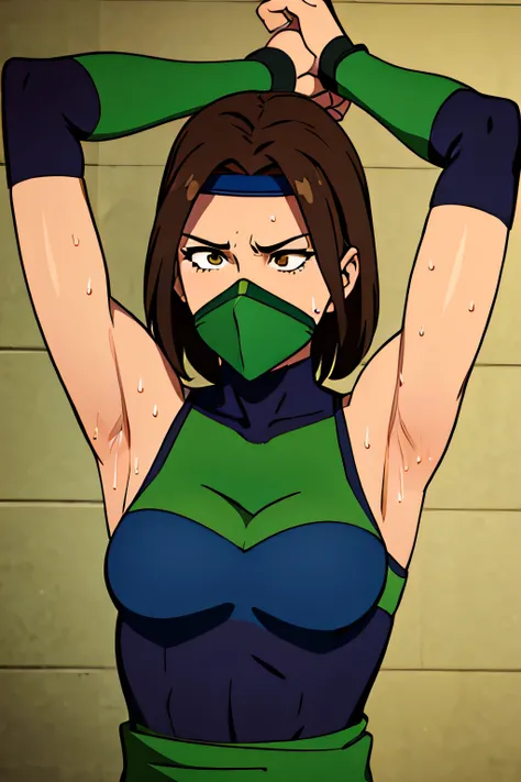 

Jade, human woman with wheatish complexion,sleeveless.She has brown eyes and blackish blue clothing. Her hair is blackish brown in color; She is beautiful.Tsundere face.,mature appearance,armpits,sweat,sweaty,sweaty armpits,arms up,showing armpits,awesom...