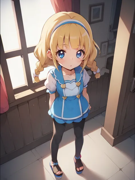 score_9, score_8_up, score_7_up, 1 girl on break day, very young girl, blue eyes, Inside leggings , god, wearing leggings, Double Braided Blonde Medium Hair, very cute face, color, High Platform Sandals,standing directly in front of the viewer, spread your...