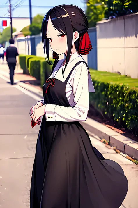 masterpiece, Best Quality, high resolution,shinomiya kaguya, red eyes, black hair, hair ribbon,school uniform,street,thinking,walking