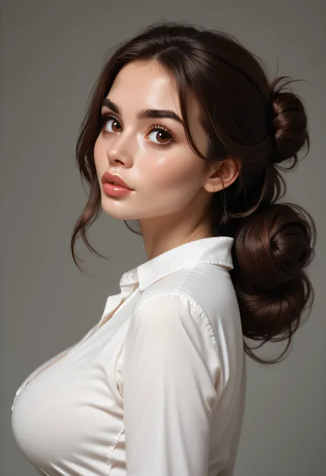 simple background, from side, looking at viewer, perfect face, hair low bun, slick brown hair, black eyebrows, natural eyebrows, big eyes, brown eyes, thick lips, beautiful woman, large breasts, perfect breasts, white v-neck shirt