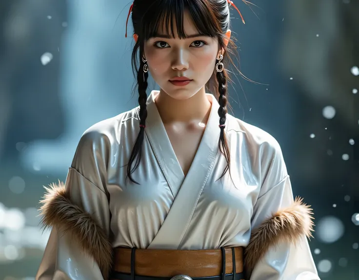 (((Lake on a Misty Morning:2.0))),(((HR Gigger-style cyberpunk atmosphere:2.0))),(((holding Japanese swords from the near future:2.0))),(( Confronting Viewers :2.0)),dynamic pose,standing,((full body:2.0)),One woman,(cute face),(Beautiful well-balanced fac...