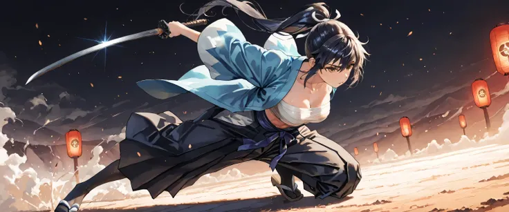 (masterpiece, best quality, ultra detailed, 4k, anime realism),  
a seductive yet deadly female swordswoman inspired by Saitō Hajime from Rurouni Kenshin, in a modernized, sexy version of the traditional Shinsengumi uniform.

She wears a cropped dark-blue ...
