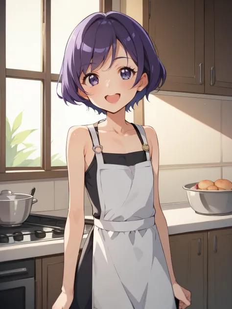 score_9, score_8_up, score_7_up, score_6_up, score_5_up, score_4_up, anime,nsfw, uncensored,anime girl,correct anatomy,young ,Petite,short,skinny,flat chest,1 girl on break day,cute girl、 Delicate Figure 、flat chest 料理、Smile Wearing an Apron、 open your mou...