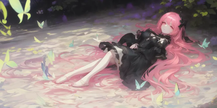 score_9,score_8_up,score_7_up,8k,Pastel colors,(((Full body illustration))),A full body illustration of an anime girl lying gracefully bleeding. Her eyes are open but lifeless, with a look of quiet acceptance. Delicate butterflies flutter around her, creat...