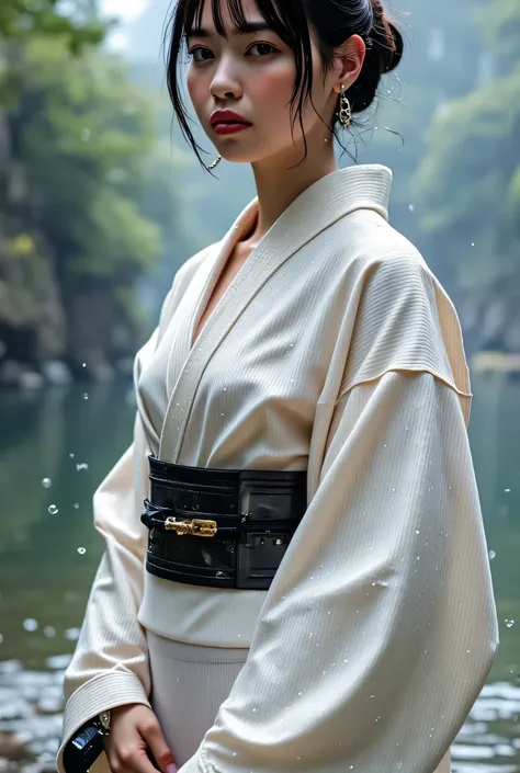 (((Lake on a Misty Morning:2.0))),(((HR Gigger-style cyberpunk atmosphere:2.0))),(((holding Japanese swords from the near future:2.0))),dynamic pose,standing,((full body:2.0)),One woman,(cute face),(Beautiful well-balanced face ),((braids with bangs:2.0)),...