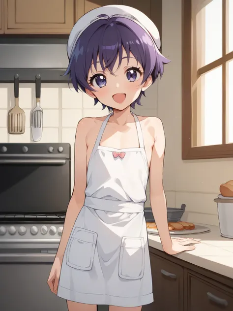 score_9, score_8_up, score_7_up, score_6_up, score_5_up, score_4_up, anime,nsfw, uncensored,anime girl,correct anatomy,young ,Petite,short,skinny,flat chest,1 girl on break day,cute girl、 Delicate Figure 、flat chest 料理、Smile Wearing an Apron、 open your mou...