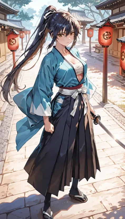 (masterpiece, best quality, ultra detailed, 4k, anime realism),  
a seductive yet deadly female swordswoman inspired by Saitō Hajime from Rurouni Kenshin, in a modernized, sexy version of the traditional Shinsengumi uniform.

She wears a cropped dark-blue ...