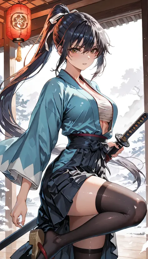 (masterpiece, best quality, ultra detailed, 4k, anime realism),  
a seductive yet deadly female swordswoman inspired by Saitō Hajime from Rurouni Kenshin, in a modernized, sexy version of the traditional Shinsengumi uniform.

She wears a cropped dark-blue ...