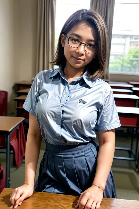 RAW, Best quality, high resolution, masterpiece: 1.3), Beautiful young indonesian girl with short wavy hair, eyeglass, sex pose, sensual body, on a top of table of class room, ((senior high school clothes)), orgasm, highres, 4k, HDR, 1girl, photorealistic,...