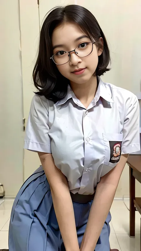 RAW, Best quality, high resolution, masterpiece: 1.3), Beautiful young indonesian girl with short wavy hair, eyeglass, sex pose, sensual body, on a top of table of class room, ((senior high school clothes)), orgasm, highres, 4k, HDR, 1girl, photorealistic,...