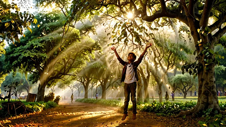 Dynamic photo of Magical musical notes glowing and flowing from the peepal tree's branches, with indian boy Arjun standing underneath, arms slightly outstretched, eyes reflecting amazement", realistic cinematic style, 4k ultra HD quality in 3D