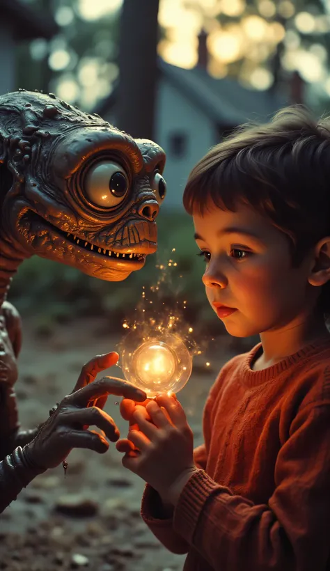 realistic、16k、high image quality、映画E.T、異星人E.Tの人差し指と子供の人差し指が触れ合いE.Tの指先が光っている映画のワンシーン