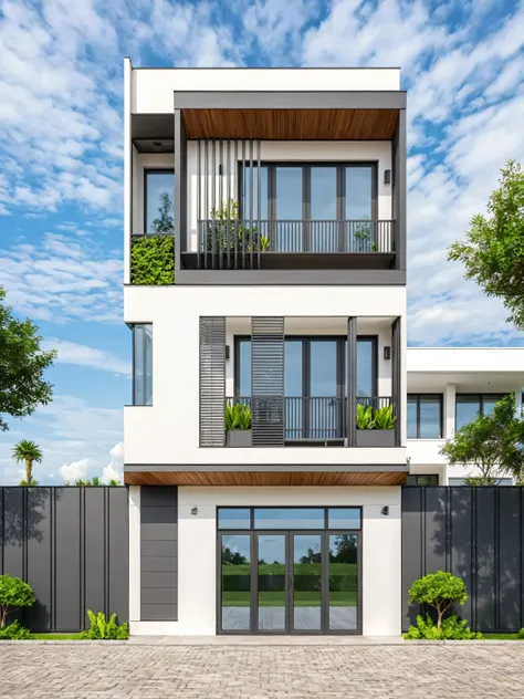 Masterpiece, high quality, best quality, authentic, super detail, outdoors, house style modern,bietthuhn, white wall, glass windows, gate road,pavement, grass, trees,blue sky, cloud, (day:1.1), realistic lighting