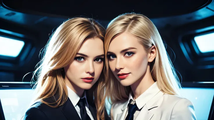 so that the face fits in the frame,head fits in frame,So that the hair fits in the frame, upper body shot of 2 beautiful white supermodels walking apart with blue eyes, 18 years old, platinum blond hair,cosplayers full of personality,large event venue on t...