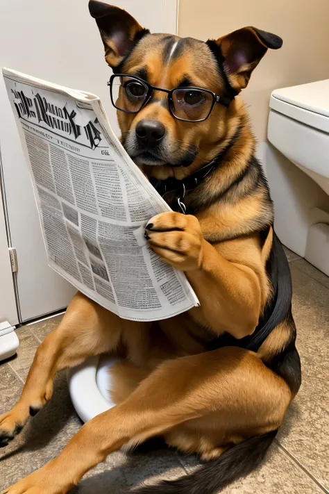 An image of a dog wearing glasses sitting on the toilet and reading a newspaper