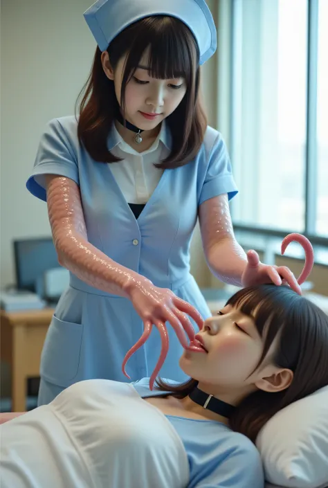SF, is overexpressed、live-action, pictures, Japanese Nurse, take care of the patient sleeping on the bed, Touch the patient's face、 slim body 、black choker、light blue nurse clothes、nurse cap、White Pantyhose、 Hair、bungs、the nurse's hands are tentacles、Long,...