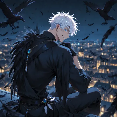 BREAK1man, gojou satoru /(jujustu kaisen/), detailed eyes, blue eyes, white hair, white undercut. short hair, detailed eyelashes, colored eyelashes, sexy man, trained body, muscular, handsome, cool, mature man, upper body, (dark theme :1.3) ,black gloves, ...