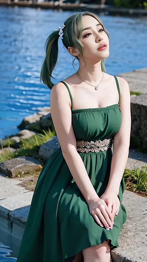 1girl, solo, hair ornament, green hair, twintails, long hair, dress, water