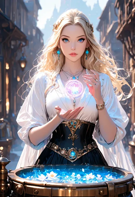 picture of a well manicured woman's hand, manipulating magical color shifting magic, extremely beautiful woman's hand (best Detailed, Masterpiece, Hyperrealistic) blond  fantasy art,  RPG art, photograph, RAW,  Best Detailed, steampunk background, ultra be...
