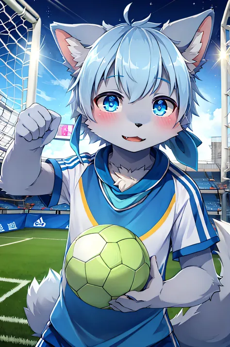 boy,青いfur,animalの耳,8K High Resolution,soccer ball,soccer uniform with both hands pointing at the camera,,fur,blue neckerchief,Grey Dog Tail,Pretty Beast,animal, lots of light blue ,Sparkling Eye