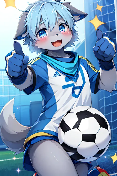 boy,青いfur,animalの耳,8K High Resolution,soccer ball,soccer uniform with both hands pointing at the camera,,fur,blue neckerchief,Grey Dog Tail,Pretty Beast,animal, lots of light blue ,Sparkling Eye