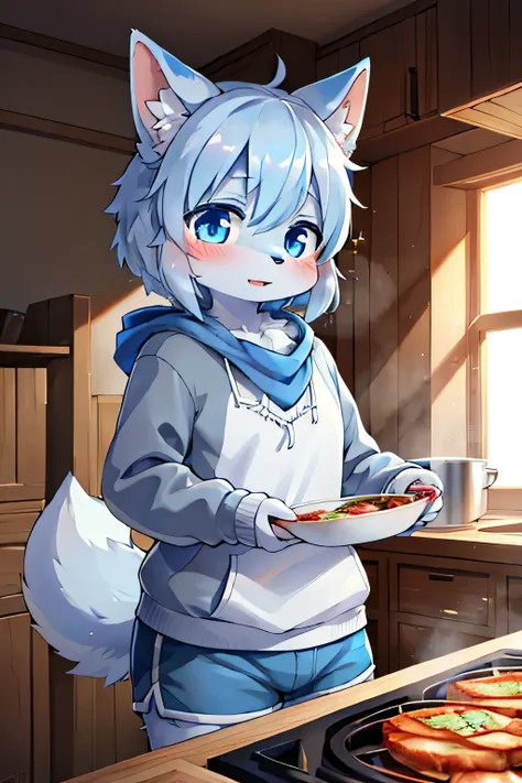 girl,黄色fur,animalの耳,8K High Resolution,blue shorts, grey hoodie,Cooking ,fur,blue neckerchief,Grey Dog Tail,Pretty Beast,animal,Kemono, lots of light blue ,Sparkling Eye