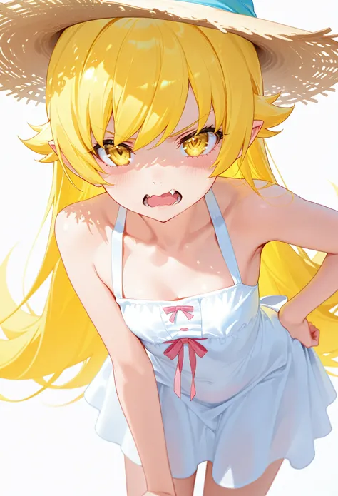 one girl、female、cover、cute、Portraits Global Illuminations, hdri, Scattered beneath the surface, masterpiece, 4K, ray tracing, beautiful,  sharp,  smooth skin,simple background、white background、Anime Painting、blonde hair、long hair、White Dress、oshino shinobu...