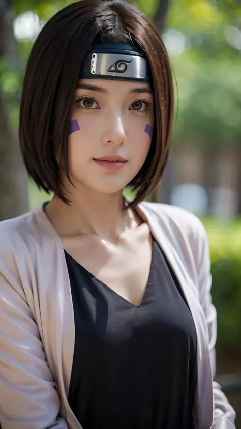 "Create a hyper-realistic portrait of Rin Nohara from Naruto Shippuden as if she existed in the real world. She is a beautiful age girl with soft, natural features and a gentle smile. Her medium-length dark brown hair frames her face, with two purple marki...