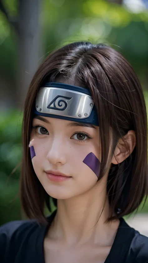 "Create a hyper-realistic portrait of Rin Nohara from Naruto Shippuden as if she existed in the real world. She is a beautiful age girl with soft, natural features and a gentle smile. Her medium-length dark brown hair frames her face, with two purple marki...