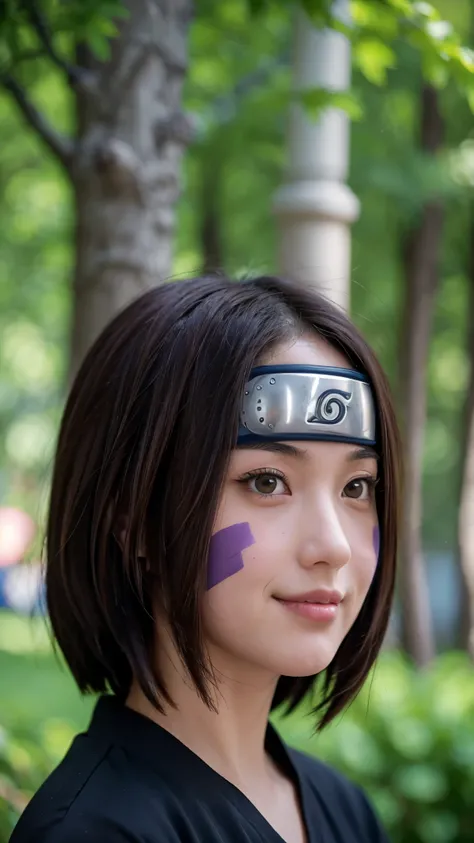 "Create a hyper-realistic portrait of Rin Nohara from Naruto Shippuden as if she existed in the real world. She is a beautiful age girl with soft, natural features and a gentle smile. Her medium-length dark brown hair frames her face, with two purple marki...