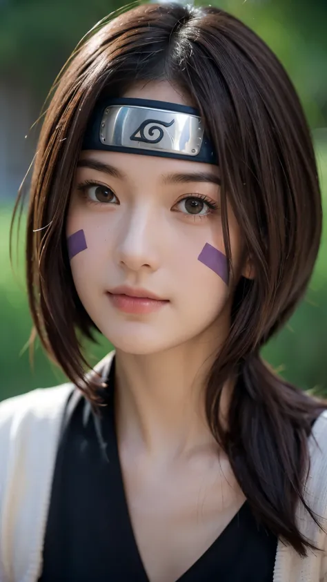 "Create a hyper-realistic portrait of Rin Nohara from Naruto Shippuden as if she existed in the real world. She is a beautiful age girl with soft, natural features and a gentle smile. Her medium-length dark brown hair frames her face, with two purple marki...
