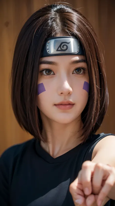 "Create a hyper-realistic portrait of Rin Nohara from Naruto Shippuden as if she existed in the real world. She is a beautiful age girl with soft, natural features and a gentle smile. Her medium-length dark brown hair frames her face, with two purple marki...