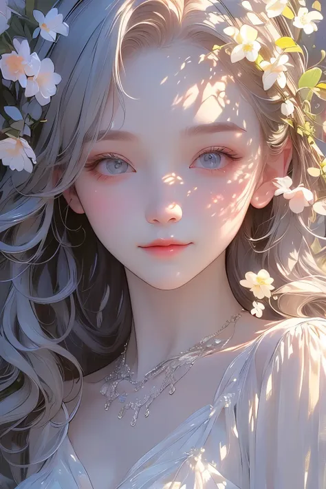 (Oil painting of a young, beautiful woman), striking portrait, (calm, gentle, girlish smile), (almost straight, medium-long silver-gray blonde hair), (close-up), glossy lips, (simple, urbane, sharp shirt), (slim figure), small necklace, soft spring sunligh...