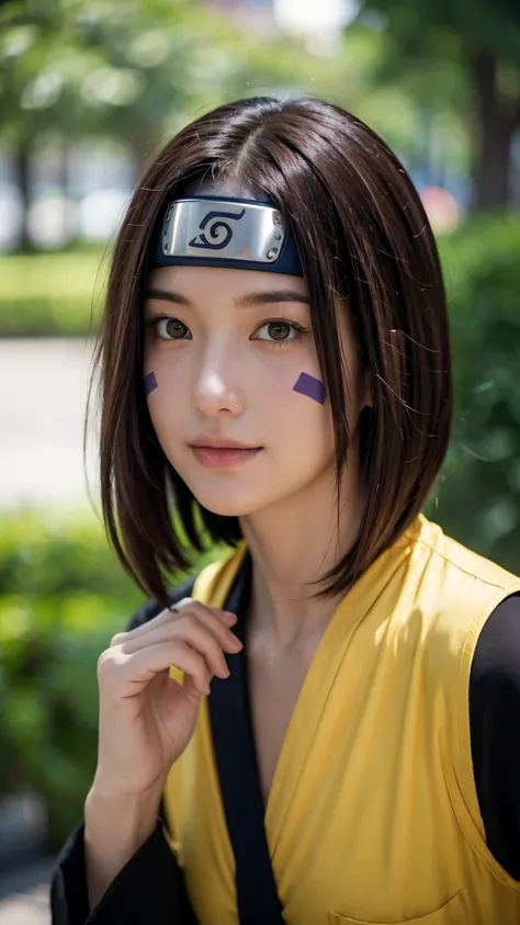 "Create a hyper-realistic portrait of Rin Nohara from Naruto Shippuden as if she existed in the real world. She is a beautiful age girl with soft, natural features and a gentle smile. Her medium-length dark brown hair frames her face, with two purple marki...