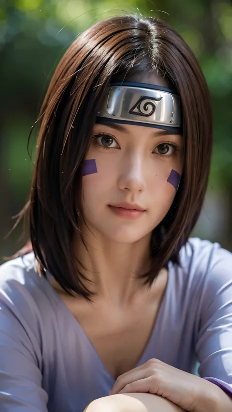 "Create a hyper-realistic portrait of Rin Nohara from Naruto Shippuden as if she existed in the real world. She is a beautiful age girl with soft, natural features and a gentle smile. Her medium-length dark brown hair frames her face, with two purple marki...
