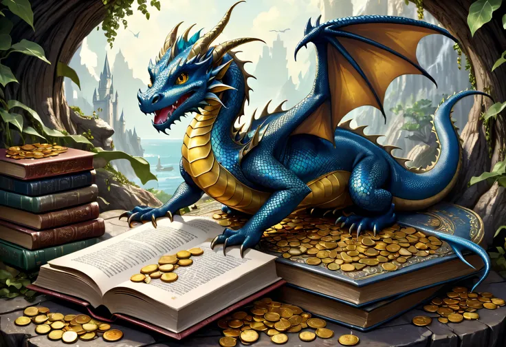 Illustration of a dragon sitting on a book with a pile of coins, Fantasy Books illustration,  fantasy RPG book illustration , detailed fantasy illustration, magic  fantasy very detailed,  detailed book illustration , Fantasy Books, full color illustration,...