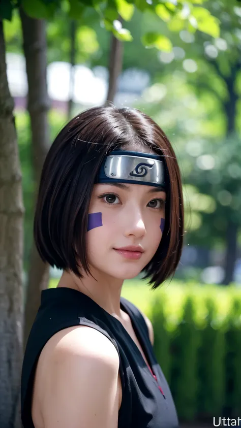 "Create a hyper-realistic portrait of Rin Nohara from Naruto Shippuden as if she existed in the real world. She is a beautiful age girl with soft, natural features and a gentle smile. Her medium-length dark brown hair frames her face, with two purple marki...