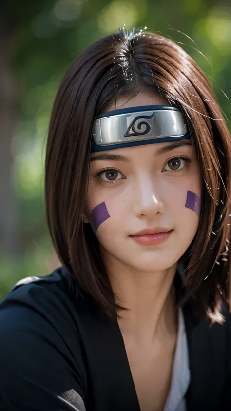"Create a hyper-realistic portrait of Rin Nohara from Naruto Shippuden as if she existed in the real world. She is a beautiful age girl with soft, natural features and a gentle smile. Her medium-length dark brown hair frames her face, with two purple marki...