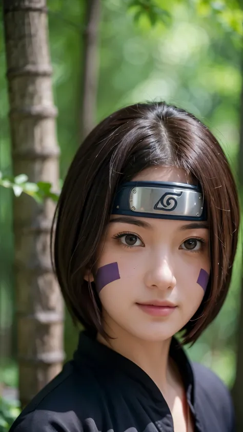 "Create a hyper-realistic portrait of Rin Nohara from Naruto Shippuden as if she existed in the real world. She is a beautiful age girl with soft, natural features and a gentle smile. Her medium-length dark brown hair frames her face, with two purple marki...