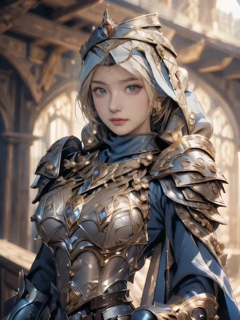 Princess, ((((Wearing the hijab)))), full armor with luxury pattern, Crown Luxury , blue eyes, Blonde, Around , (Red and silver hijab), masterpiece,The best quality at its best,High resolution,8k,((Portraiture)),(Upper Body),Original photo,Actual photo,Dig...