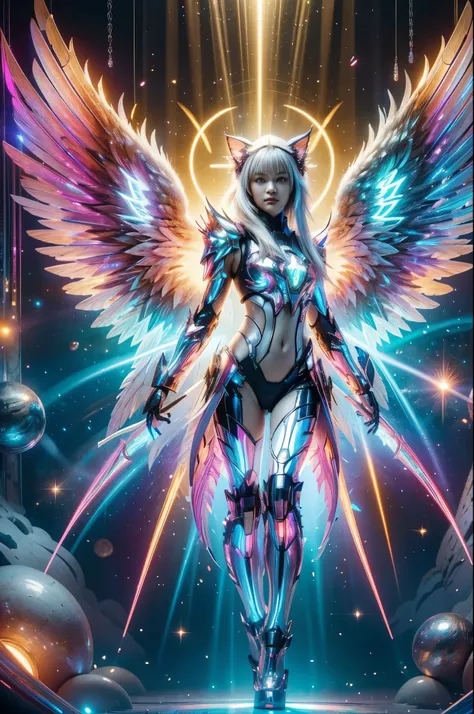 1girl, Armor, Wings, beautiful dragon, futuristic evolved Nekomata, (Neon glowing body), 2 tails, holographic, (The wings are symmetrically paired;1.5), Long shot,