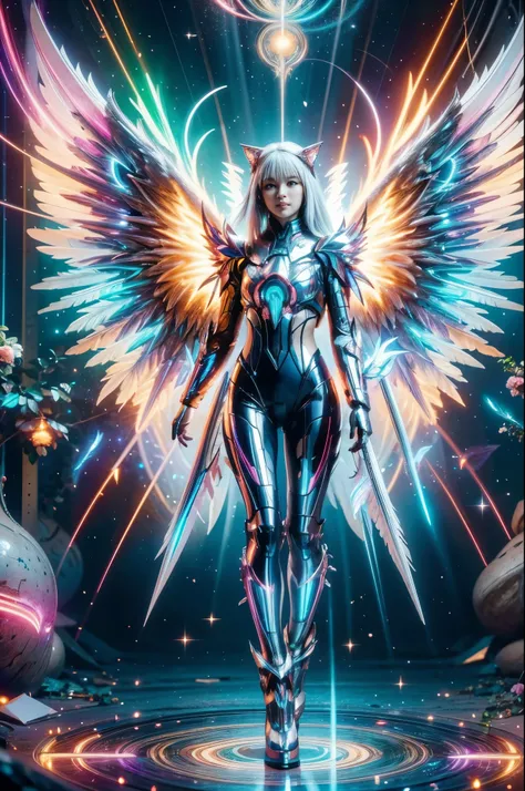 1girl, Armor, Wings, beautiful dragon, futuristic evolved Nekomata, (Neon glowing body), 2 tails, holographic, (The wings are symmetrically paired;1.5), Long shot,