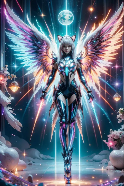 1girl, Armor, Wings, beautiful dragon, futuristic evolved Nekomata, (Neon glowing body), 2 tails, holographic, (The wings are symmetrically paired;1.5), Long shot,