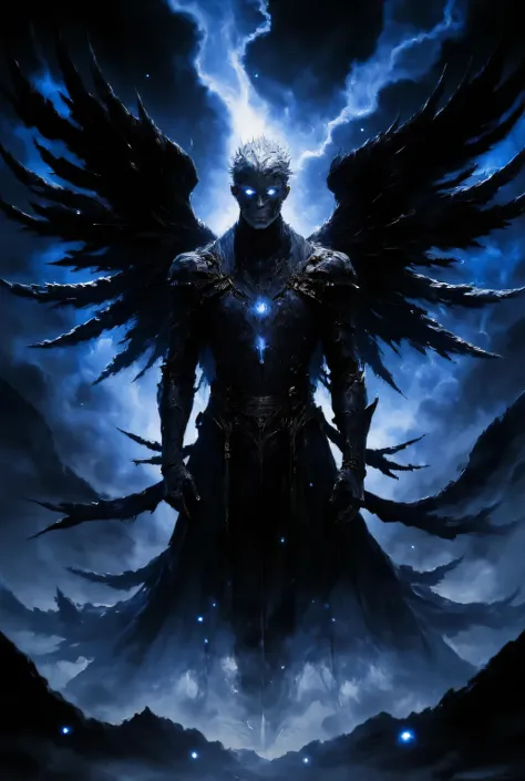 Hyperreal Cinematic Full body shot of a confident man with short, white hair and bright blue eyes behind sharp aquiline facial features. He is impeccably dressed in a sleek, black, high-collared coat and tailored ves twith intricate angelic script in silv...
