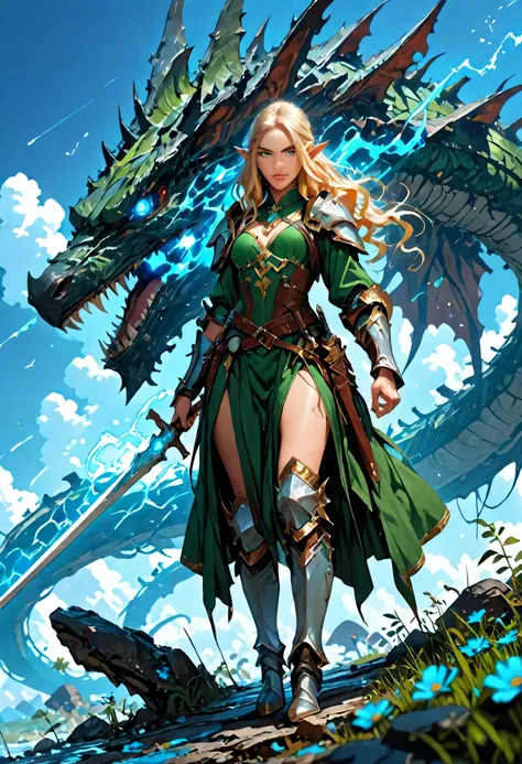 wallpaper of an elf knight, elf warrior, princess knight, shinning knight, ready for battle, female elf (intense details, Masterpiece, best quality), full body ultra detailed face, ultra feminine, fair skin, exquisite beauty, gold hair, long hair, wavy hai...