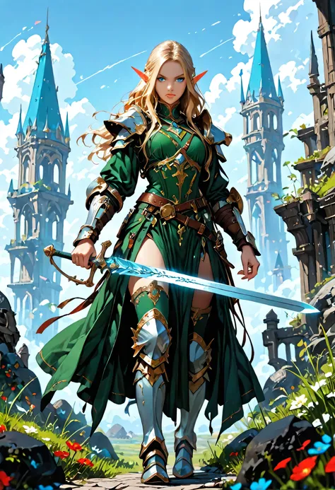 wallpaper of an elf knight, elf warrior, princess knight, shinning knight, ready for battle, female elf (intense details, Masterpiece, best quality), full body ultra detailed face, ultra feminine, fair skin, exquisite beauty, gold hair, long hair, wavy hai...