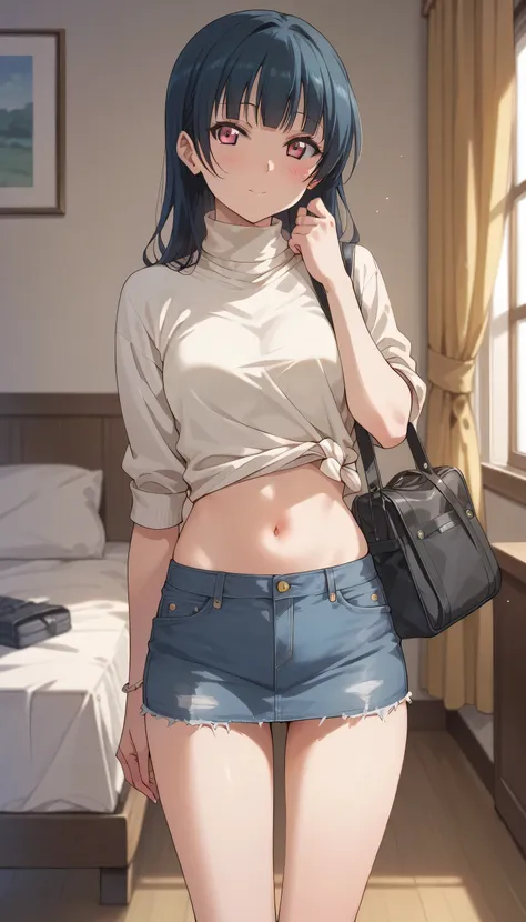 A blushing image of Yoshiko Tsushima, turtleneck blouse,   visible navel , short denim skirt, with a black bag on the shoulder, standing in a bedroom 