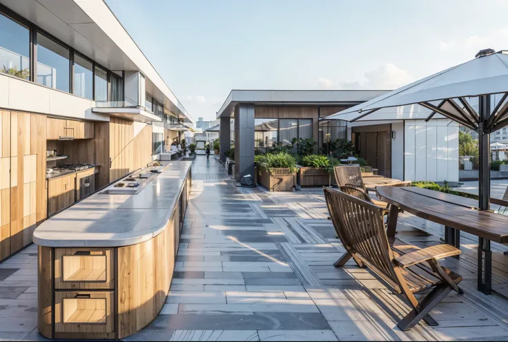 Rooftop garden cafe on 20th Apartment building . Realistic. people on walkways, roof top gardens, in acity