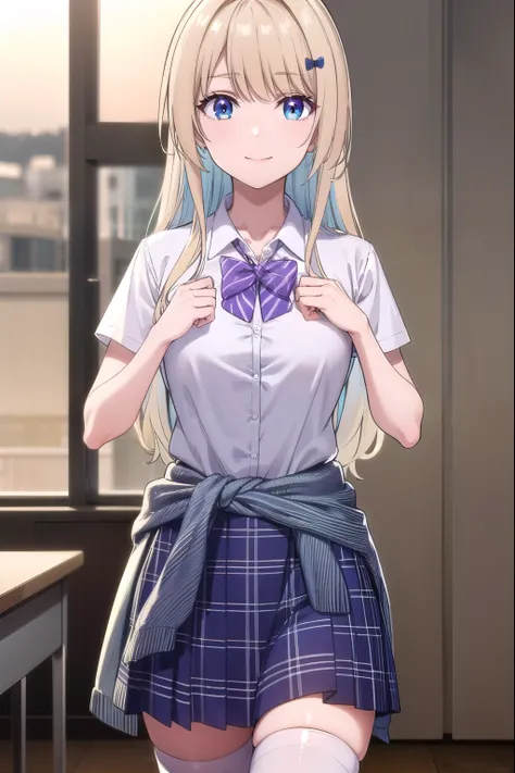 lunashirakawa, 
luna shirakawa, long hair, blue eyes, blonde hair, hair ornament, bow, multicolored hair, hairclip, smile,
BREAK skirt, shirt, thighhighs, bow, school uniform, white shirt, pleated skirt, shoes, black thighhighs, bowtie, blue skirt, plaid, ...