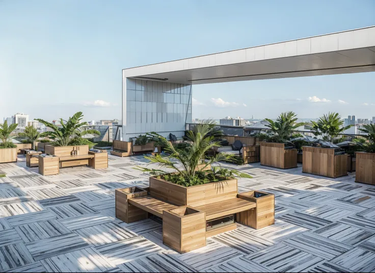 Rooftop garden cafe on 20th Apartment building . Realistic. people on walkways, roof top gardens, in acity